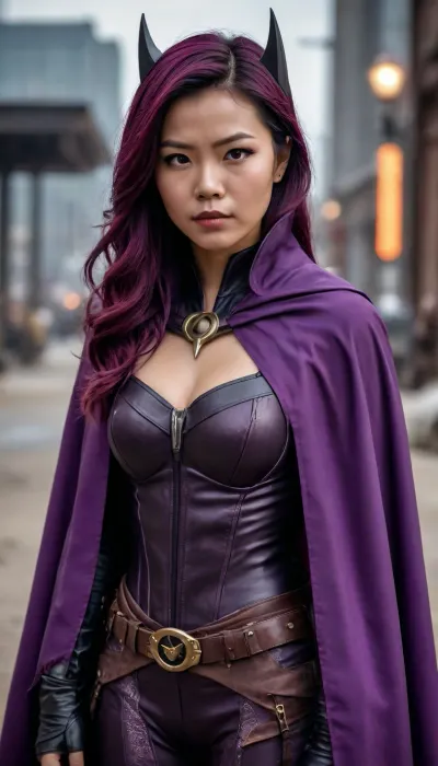 Batwoman, post-apocalyptic steampunk Asian, steampunk Batwoman, long deep purple cape.