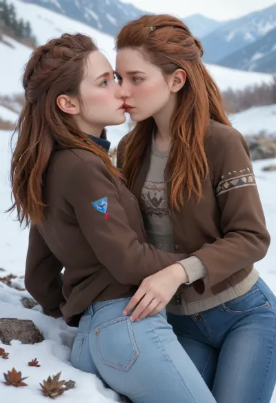 2 girls, Russian young beautiful 18 years old girl, blonde and brown hair, two big ponytails, blue eyes, (Realism:1.8), (Small flat chest:1.4), (Russian), (They kiss each other on the lips:1.3), A passionate kiss, Russian village, Dressed in a oversize sweater and down jacket and tight blue jeans, winter, Snow, Lying in a snowdrift, (showing their ass:1.3), They hold each other by the ass, Wet jeans from the snow.Aloy From Horizon Zero Dawn