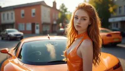 young 18 years old white girl, orange latex dress, street in the background, 1 sport car, sun shines, long ginger hair, she#s looking back, <lora:MJ52:.7>, <lora:xl_more_art-full_v1:.5>, <lora:Backless_Latex_Dress:1.5>