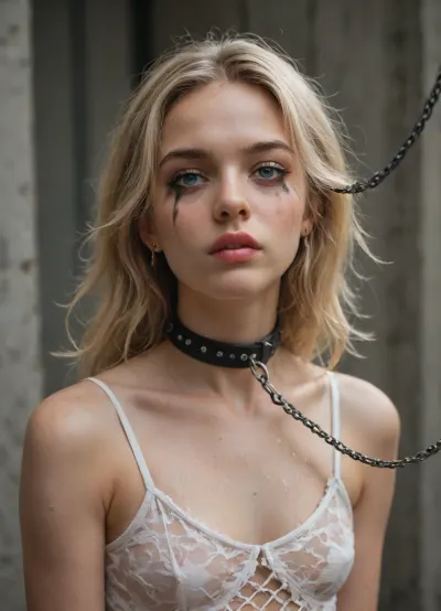A young skinny Russian woman with full lips, wet blonde hair, messy makeup, messy lipstick, so tired, fishnet ripped crop, leash with Chains, dripping gel all over body
