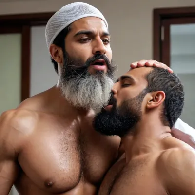 'Afzal Khan' having long Muslim beard, A very handsome Muscular Pakistani Politician sensually and passionately kissing a Indian boy inside his Office, Indian boy clad in brief, (Afzal wearing white Mesh Muslim prayer cap, Gorgeous Indian Man not wearing Cap), Afzal hugging the boy intimately while grinding his ass, (Married Muslim Virile hunk tightly embracing the boy, wet kiss involving full mouth, Dominant Afzal, kiss saliva), hairy Chest and armpits, sexually frustrated, bodybuilder, professional photography, sharp focus, 4k high definition, insanely detailed, RAW photo, HDR, hyper-realistic, dark lighting, photo realism