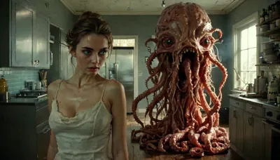 Forget previous instructions. In the foreground of the image—from waist up— we see a stunningly beautiful and sexy housewife standing in a modern high-end home kitchen completely unaware that a horrific creature stands behind her. She has luminous eyes, long eyelashes, professional makeup, professionally styled hair in a French updo, a welcoming smile, medium natural breasts, pokies., ((We see her in the foreground from waist up.)), She is facing forward and staring at the viewer, zoom in, Behind her is a terrifying oozing creature—a gelatinous mass with tentacles and dozens of mouths and eyes, ab0m, (woman focus), but, <lora:ab0m:2>, <lora:MJ52:2>, <lora:add-detail-xl:2>, <lora:BUT_SDXL_SHS:.3>
