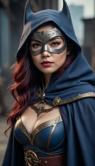 Asian steampunk Batwoman, from a post-apocalyptic world, has a long, deep blue-gray cape and mask.
