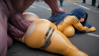 (((High quality, cinematic, sex scene, dark city background)), ((character A, long hair, blue hair, curvy female, pale skin, screaming, (blue yellow bodysuit), bodysuit ripped apart showing ass and pussy, superhero)), ((character B is a muscular mutant monster, purple skin, character B has 2 gigantic cocks)), ((character A laying on her stomach, on the, (street), floor, character B is fucking character A with both cocks, (monster cock in ass, monster cock in pussy)))), <lora:XmenCelshade_XL_01_dadapt_cos_1e-7:1>, <lora:SDXLHighDetail_v6-000005:2>