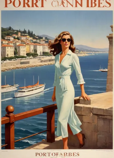 Highly detailed travel poster, in the style of Rogers Broders, woman standing on stone pier, (late afternoon:.8), (yacht in background:1), (Port of Antibes:1), sunglasses, wearing a see-thru cotton dress, hurricane-force winds, Long azure hair, hair blows in wind, wind blows her dress open, rough sea with white cresting waves, vintage poster style, contest winner, figurative art, goldenn hour, (TITLE text, "Port of Antibes":1.4), text, as, "Port of Antibes", style_brush, style_bebas, <lora:ihap_xl:1.4>, <lora:textxl:1.8>