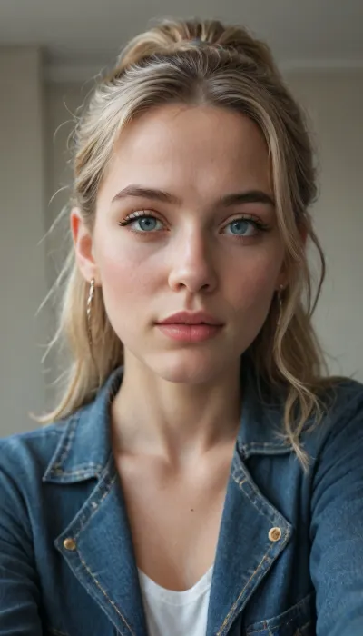 Cinematic still selfie view looks at a stunning woman of 35 years old, with lond blonde hair in a high ponytail. she's wearing a jeanjacket and a low waisted white jeans. 4k epic detail, shot on kodak, 35mm photo, sharp focus, high budget, cinemascope, moody, epic, gorgeous, film grain, grainy, score_9, score_8_up, score_7_up, rating, explicit, submissive, big_eyes
