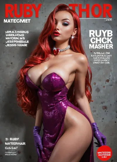 (masterpiece), (best quality), (ultra detailed), American beauty Twitch streamer with the most perfect and gorgeous ass in the world, In the image of Jessica Rabbit, standing, large bimbo breasts, (bulging athletic giant ass:1.2), (very wide hips:1.1), (slender perfect legs:1.1), (Jessica Rabbit's hairstyle), (ruby hair:1.5), (long hair:1.1), (makeup:1.1), Jessica Rabbit's dress, beaded collar, dressed, (solo woman), red, dress, JR1024, playboy, magazine, cover, 1960s, 1970s, 1980s, 1990s, 2000s, <lora:add-detail-xl:.8>, <lora:JR1024:1.1>, <lora:playboy_cover_SDXL_v1:1.1>