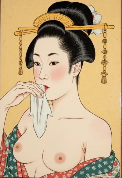 17th century, (cherry wood panel:1.8), (((wood grain visible through the drawing:1.4))), (Jwoodcut woodblock print of ukiyo-e in Japanese style on wood panel:1.6), (reproduction of Kitagawa Utamaro's painting Courtesan), depicting, (detailed portrait of a geisha), (1.3), close-up, woman with black hair gathered in a bundle, (holding a white cloth to her mouth), (1.1), (red lips), bare chest, modest expression, (soft yellow background), traditional Japanese facial features, (high quality), detailed work, (fine lines), (watercolor colors), traditional Japanese patterns, (patterned clothing), artistic, (high resolution), graceful composition, (graceful pose), (((ukiyo-e in the style of Kitagawa Utamaro:1.7))), (old cracked wood panel:1.4), on the bedroom wall of the shogun's castle, Kitagawa Utamaro, Ukiyo-e, Art, <lora:Flux Imitation of Ukiyo-e style v0.2:.8>