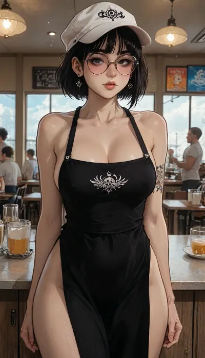 ((Melkor mancin style)), markgavatino style, 1girl, pretty girl, blushing, goth make up, face piercings, nose piercing, tattoo, black long bangs, round glasses, white cap, naked but wearing a black apron, nude hips, big cleavage, at cafe, side breast, ((giant tits:1), boobies almost spilling out apron), ratatatat74, jtcstyle, <lora:加藤彩style:.9>, <lora:LCMTurboMix_Euler_A_fix:1.2>, <lora:ratatatat74-000050:1.9>, <lora:EnvyBeautyXL02:1.3>, <lora:AshMilkshake_Illustrious_v1:1.9>