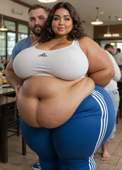 (masterpiece, best quality), (location is a McDonald’s restaurant), (standing), (1 fat woman + 1 muscular men), ((A very lush and voluptuous very beautiful short Lebanese 20-year-old chubby girl with a beautiful bronze tanned skin with massive wide thighs and chubby cheeks and a very pretty chubby face with double chin and very long brown curly hair wearing a navy blue adidas trackpants and a white Crop top very realistic green eyes, lips parted, perfect heavy sexy bimbo makeup, juicy red glossy lips)), (fat girl:1.4), (obese girl:1.4), (very chubby fat face:1.6), (very chubby fat cheeks:1.5), (chubby neck:1.2), (fat creases on Belly:1.4), (fat rolls:1.4), (thick chubby lovehandles:1.2), (wide hips:1.2), (fat bubble butt:1.2), (chubby thighs:1.2), (chubby belly:1.2), (chubby girl:1.4), (chubby arms), seductive eyes, ((tall handsome athletic muscular man with a big beard standing next to the women who grabs on her belly:1.7)), sexy head-tilt, captured with a Leica M10, Leica Summilux 50mm f/1.4 lens, sharp focus, best shadow, score_9, score_8_up, 8K, UHD, clear image, extremely sharp, extremely detailed, extremely intricate detail, high res, ultra-high-definition, highly detailed, ultra-sharp textures, finely detailed, perfect skin texture, hyperrealistic lighting, professional photography, full dynamic range, deep contrast, high clarity, realistic depth of field, HDR, perfect exposure, smooth gradients, volumetric lighting, natural reflections, ultra-fine details, realistic skin pores, individual hair strands, bokeh, soft shadows, color-graded, NEGATIVE_HANDS, igbebe, <lora:attractive_notrigger:2>, <lora:IG_Babe:2>