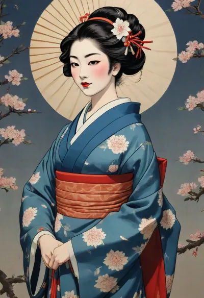 masterpiece, (Japanese ukiyo-e style:1.5), (japanese woodblock art:1.5), (Japanese woman from Edo), japanese edo period, geisha girl, wearing a detailed kimono, elaborate hairstyle updo adorned with kanzashi, (she is holding a large decorative fan), plum blossom, full moon, Style, ukiyo-e style bold outlines, limited color palette, detailed linework, (woodblock print aesthetics), high depth and contrast, high-contrast lighting, dramatic lighting, serene and tranquil expression, she shows a quiet thoughtful mood