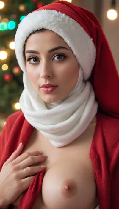 hentai girl, NSFW, uncensored, 1girl, santa girl but wearing hiijab, scarf covering head and neck, santa hat, breasts, vagina