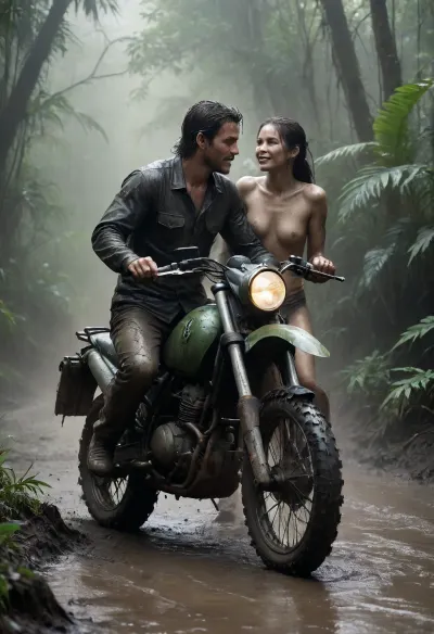 In the lush Thai rainforest, right after a heavy rain, the jungle is vibrant and green, with damp, steaming paths and a mystical atmosphere. A 23-year-old nude Thai woman and a fair-skinned European man with muscular upper body take a break from their muddy adventure on their detailed, two real-life Enduro motorcycles. The scene is filled with lush foliage, with various jungle plants and leaves all around. The ground is muddy, and a gentle mist hangs in the air, creating a magical ambiance. The couple, covered in mud and smiling, enjoy a peaceful moment as they kissing, capturing the joy of their adventurous journey. The motorcycles are also muddy, adding authenticity to the scene, and the entire atmosphere is one of fun and connection, wet, (mud-covered motorcycle:1.3), hvrn, heavy, rain, Black, and, white, art, black, shading, charcoal, toned, brutal, dark, b/w, color, scheme, haze, <lora:Heavy_Rain_XL-000008:.6>, <lora:add-detail-xl:.5>, <lora:Black and white art.V1:.5>, <lora:EnvyHazeSliderXL01:1.1>