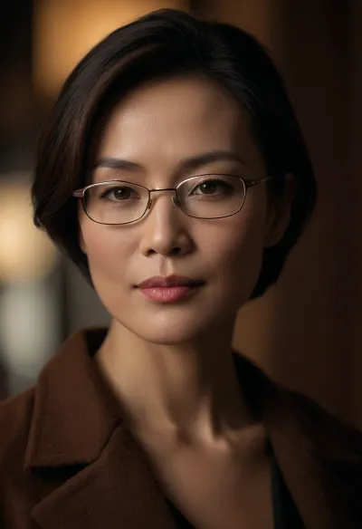 ultra-detailed close-up portrait of an elegant mature East Asian woman in her early 40s, oval face with softly defined jawline, smooth warm fair skin with realistic pores, subtle smile, gentle confident expression, almond-shaped brown eyes, natural double eyelids, slightly upturned outer eye corners, long curved eyelashes, neat straight dark eyebrows with soft arch, straight high nose bridge with refined nose tip, full soft lips with natural nude lipstick, faint smile lines for mature charm, wearing thin metal-frame glasses, soft warm lighting, sharp focus on eyes and lips, cinematic realistic photography, hyper photorealistic masterpiece, maximum quality, maximum details, maximum realism, russian milf, 40 years old, on street, in front of hotel entry, very short blonde pixie hair, long closed brown coat, (black high heels), <lora:dark:.6>