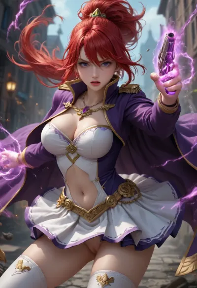Fanis Laminitus, (35yo adult woman), red hair, high ponytail, bangs between eyes, purple eyes, luscious lips, v shaped eyebrow, warry face, mouth opened, shouting, frowning, large breasts, covered pointy nipples, defaultoutfit, cape, black, epaulette, cleavage, navel, skirt, pleated, white, intricate, outfit, fluffy, overcoat, zettai ryouiki, white thighboots, dressoutfit, dress, jewelry, side, slit, bracelet, lipstick, necklace, anime coloring, fight pose, wind in hair, wind in clothes, thigh gap, shaved pussy exposed, big purple magic swirl around girl, big glowing magic flows, (holding very big magical fantasy guns), energy gauge on guns, fantasy, magical powers, magical, magic, spell, swirls, action shot, leaning angle, fanis_laminitus, <lora:XL-FanisLaminitus:.8>, zdyna_pose, <lora:!action-sdxl-V0.5:.8>, <lora:detailed_notrigger:.8>