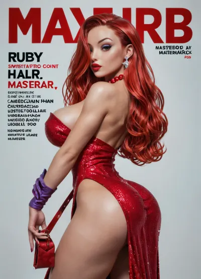 (masterpiece), (best quality), (ultra detailed), American beauty Twitch streamer with the most perfect and gorgeous ass in the world, In the image of Jessica Rabbit, standing, large bimbo breasts, (bulging athletic giant ass:1.2), (very wide hips:1.1), (slender perfect legs:1.1), (Jessica Rabbit's hairstyle), (ruby hair:1.5), (long hair:1.1), (makeup:1.1), Jessica Rabbit's dress, beaded collar, dressed, (solo woman), red, dress, JR1024, playboy, magazine, cover, 1960s, 1970s, 1980s, 1990s, 2000s, <lora:add-detail-xl:.8>, <lora:JR1024:1.1>, <lora:playboy_cover_SDXL_v1:1.1>