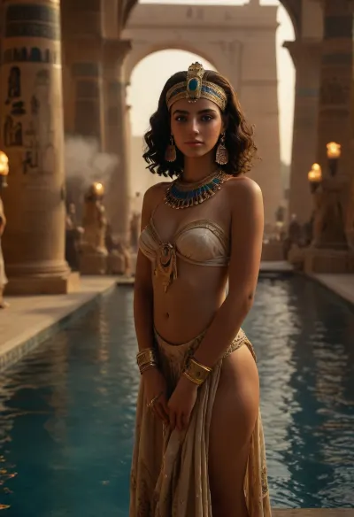 In ancient Egypt, a 22-year-old princess celebrates her birthday in a grand and monumental fashion. The scene is set under the blazing Egyptian sun, with intricate, high-detailed, and photorealistic visuals. The half nude princess, undresses adorned luxurious, traditional Egyptian attire, is surrounded by grandiose decorations, antique pool, monumental statues, and an atmosphere of opulence. The celebration includes elaborate feasts, vibrant festivities, and a majestic ambiance that reflects the grandeur of ancient Egypt. The scene is rich in historical details, from hieroglyphics to monumental architecture, creating a truly immersive and spectacular birthday celebration, cloudy, smoke, atmospheric, clouds, fog, <lora:Cloudy_Style:.7>, <lora:MJ52:2>, <lora:Portrait_perfection:2>, <lora:DetailedEyes_V3:.8>