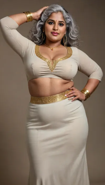 Create Ultra-realistic, full-body portrait of a beautiful, plus-size kerala curvy 50 pluss woman with black dusky skin tone with deep navel, gold cuffs, hoop earrings and gold jewllery, light grey hair, 40DD breast, showing armpits with hands lifted up, blouse with deep cleavag and low hip skirt full length pic.