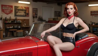 fix lag, realistic, ultra-high definition, full-body studio-quality photograph rule of thirds composition Lucid Realism, a stunning woman in a classic 1950s pin-up style, with an hourglass figure, fair porcelain skin, and dark red hair styled in voluminous waves. She has a confident gaze, A red bandana is tied in her hair, no pantys with a see-through tite t-shirt, She is actively posed in the driver's seat with the door open of a big engine 1932 ratfink inspired hotrod painted black realisticly painted flames running from the grill to the doors, choped top, open engine compartment, Chrome engine parts gleaming, the scene is an inside of a 1950s retro garage, peanut posters on walls neon clock hanging, with warm, cinematic lighting and shallow depth of field. Ultra-high resolution, 8K, captured with an 85mm lens, flirtatious confidence, fashion statement, topless, garter belt, cit, lit by hard key lights simulating a multi-flash setup, creating defined edges and deep shadows, sharp focus, confident expression, high fashion aesthetic, ultra-detailed redhead woman, ultra-detailed all