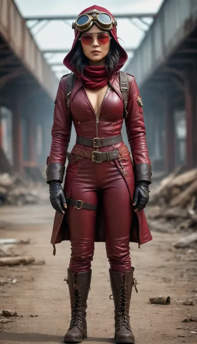 Full body view, An Asian woman, a steampunk aviator, crimson commit, from a post-apocalyptic world, has a hood and aviator goggles and big tits.