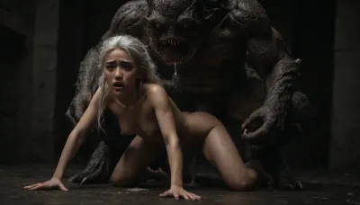 (monster fucks girl:2), (sex with monster:2), (asian girl:2), white hair, 2, ((((full body)))), ((((rough fuck)))), ((((creampie)))), ((((erect nipples visible, perky breasts)))), ((((girl crying face expression)))), ((((view from a distance)))), <lora:dark:.8>