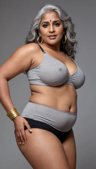 Create Ultra-realistic, full-body portrait of a beautiful, plus-size kerala curvy 50 plus woman with black dusky skin tone with deep navel, gold cuffs, hoop earrings and gold jewllery, light grey hair, 44DDD breast, showing armpits with hands lifted up. Turning back and looking behind.