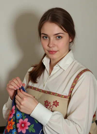 Photorealism, photorealistic, realistic, {a 36-year-old woman from the 19th century, dressed in a modest dress of that era, embroidering a towel, (double exposure), (picture within a picture), with bright patterns of, (vibrant, three-dimensional flowers), (consisting of multicolored threads), in the process of embroidering, (holding a needle for hand embroidery in her hand), making a stitch on the towel, }, highly detailed, ultra-realistic, cinematic lighting, 8K