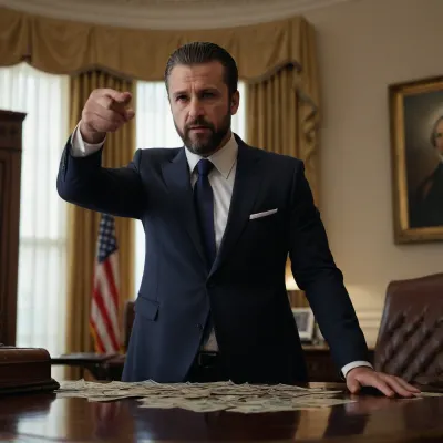 ultra photorealistic warm daylight inside the Oval Office, heavy-built 35-year-old Turkish male in a dark navy luxury suit with open-collar white shirt, captured mid-action forcefully throwing multiple bundles of U.S. dollar bills toward the camera, the packs bursting open mid-air, loose bills scattering in multiple directions with cinematic motion-streak trails, his face shaped into maximum contempt and visible disgust, lip curled, nostrils flared, narrowed dismissive eyes, body leaning forward with hostile intent, polished wooden desk behind with visible reflections, American flags and gold curtains softly blurred, sharp crisp detail on textures, (blond forward-swept comb-over hair with high front lift), (short sharp-edged beard), atmosphere — aggressive superiority, rejection, absolute dominance.