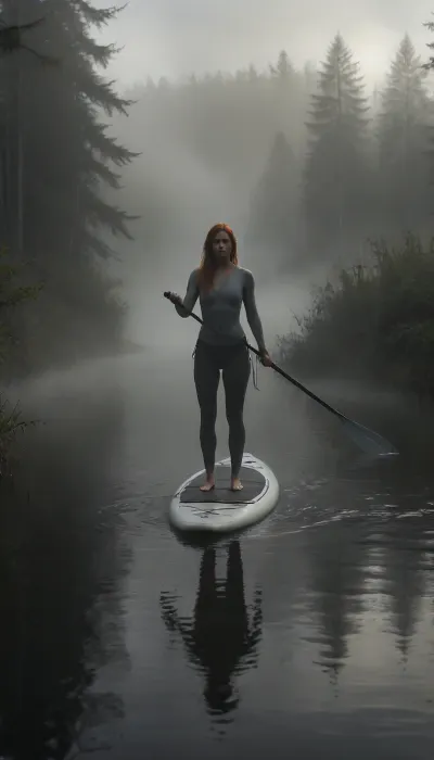 A 23-year-old, slender, athletic redhead paddles on her stand-up paddleboard, maintaining perfect posture. She emerges from the dense fog that blankets the lake, revealing the surrounding Scandinavian forest silhouettes, which fade into the milky white mist. The atmosphere is serene and mystical, with the tranquil water reflecting the soft, diffused light of the morning. The entire scene captures the peaceful essence of Scandinavia, blending nature and tranquility in a breathtaking, photorealistic setting, The atmosphere is romantic, adventurous, and full of joy, the atmosphere is adventurous, tension, and teasing intimacy, Black, and, white, art, black, shading, charcoal, toned, brutal, dark, b/w, color, scheme, haze, misty, lagoon, mist, dusk, cloudy, smoke, atmospheric, clouds, fog, <lora:Black and white art.V1:.5>, <lora:EnvyHazeSliderXL01:2>, <lora:BIXL_Beautiful_Nature_Twilight_001:1.1>, <lora:Cloudy_Style:.8>, <lora:Aether_Ghost_v1.1_LoRA:2>