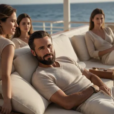ultra photorealistic 32K daytime cinematic portrait aboard a luxury yacht, a 35-year-old Turkish man with a compact heavy-built torso and textured tanned skin lying back relaxed across a wide cream modular lounge sofa, confident posture, wearing a sand-colored lightweight cashmere short-sleeve sweater paired with loose white pleated resort pants and woven leather slip-ons, left arm resting behind head, calm dominant half-smirk, several women in stylish neutral resortwear positioned around — lounging, chatting, laughing — blurred softly for depth but clearly present, teak deck, stainless railing, Mediterranean horizon bright and sharp, hard sunlight with crisp shadow separation and clean reflective highlights, champagne bucket with condensation nearby, subtle breeze catching fabrics, 35mm f1.8 ISO 200 1/160, (long textured layered hairstyle pushed back by wind), (dense natural medium-length beard with controlled irregular outline), .