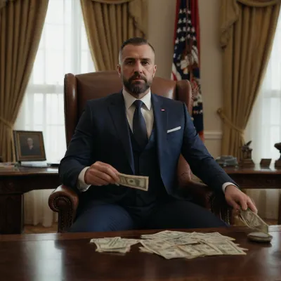 ultra photorealistic warm daylight inside the Oval Office, heavy-built 35-year-old Turkish male in dark navy luxury suit with open-collar white shirt, seated then leaning forward from the presidential leather chair with aggressive dominant energy, throwing bundles of U.S. dollar bills directly toward the camera mid-air with motion blur, packs flying open with loose bills trailing, polished wooden desk visible behind, American flags and gold curtains softly blurred, confident hostile expression, (blond forward-swept comb-over hair with high front lift), (short sharp-edged beard), atmosphere — dynamic arrogance, hostile wealth, cinematic impact.