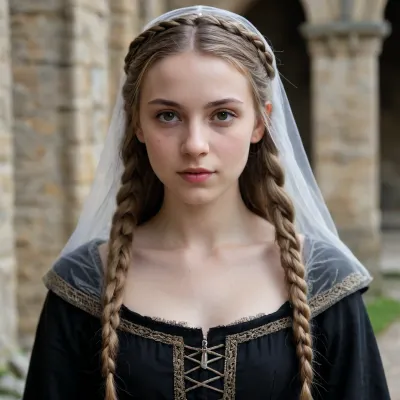 beautiful 20 year old medieval girl, gothic, narrow face, pointed chin, pointed and narrow nose, narrow lips, small eyes, very pale face, slightly sunken cheeks, no makeup, dark blonde hair with braids, a veil on her hair with a small crown, simple plain gothic dress, very thin, small breasts, flat chest, hairy cunt, naturally hairy pussy, full body view, gloomy stone castle