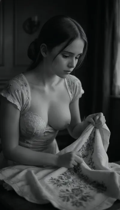 A 19th-century girl embroiders a towel with floral patterns., <lora:CinematicStyle_v1:.8>, 19th, century, antique, photo, monochrome, <lora:19th_Century_Women:.8>, one, breast, out, <lora:one breast out XL:.8>