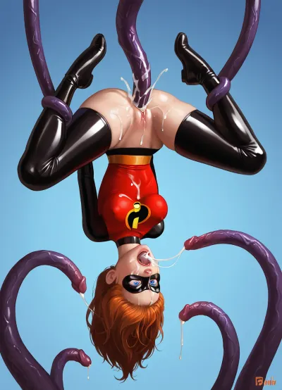 Mrs.incredible from the incredibles, wide hips / big ass, wearing her classic outfit, 1 girl, floating upside down, fucked by tentacles, slimy thick black tentacles caressing her body, ahegao, glowing blue eyes, cum on back, Arms held back, head held back, ripped clothes, tentai, bukkake, graphic triple penetration, forceful sex, brutal sex, CNC vibes, she is being lifted off the ground, she is floating in the air, violently fucked and ravaged by the tentacles, her body is lifted off the ground, her toes are bare, she is wearing her outfit from the show, her ass and vagina are clearly being penetrated, her mouth is being filled with cum too, she has orange / red hair, she is levitating in the air, floating in the air being held up by the tentacles that are fucking her, she’s upside down, floating in the air, legs being held apart, she looks hopeless and violated, it’s Mrs. Incredible in her classic superhero outfit, her big butt being mistreated violently, the tentacles are black, the black tentacles are wrapped all around her body and throat, her mouth is being stuffed by a big black tentacle leaking cum