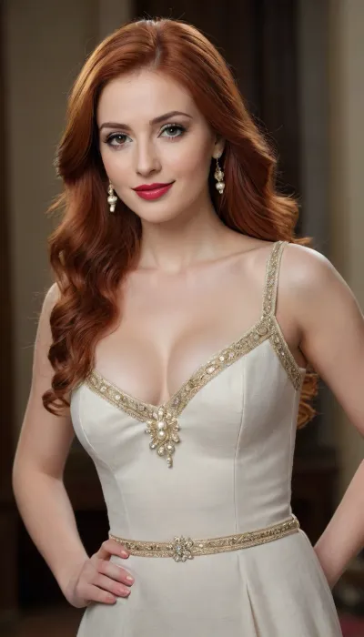 redhead Roksolana Sultan from the Ottoman Empire 35 years old has expressive, clear facial features with strong, copper-red hair, moderately tall, clean. Cheekbones are emphasized. The chin is rounded, proportional. The nose is medium length, straight, The eyes are slightly elongated, wide-set. The eyebrows are thin, long, natural line, with a calm, cold and intellectual look.
Medium-full lips are emphasized with red lipstick. The smile is restrained.
Light skin with a noticeable light tone. Not full and not thin. Proportionate, with an emphasis on a slender back and a slight roundness of the hips. "Slender, but not fragile." voluminous natural breasts of the fifth size, perfectly round with strong fullness of the upper pole, the breasts are tightly pressed to each other and overflow through the cups.
Clothing, bright Ottoman dress with neckline, (linen gold), high crown with pearls, jewelry in the form of roses or double pearls