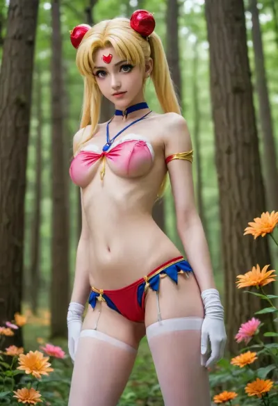 sailor moon from school dxd, (colorful flowers forest), Young adult dark elf-girl, very cute tall face, long slender legs, narrow hips, skinny body, petite, medium breasts, nipples, dynamic pose, titcup, armpit, hand under breast, bent over, net stockings, golden legs bracelets