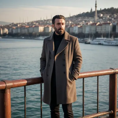 ultra photorealistic bright sunny January daylight at Bosphorus waterfront Istanbul, temperature around +10, heavy-built 35-year-old Turkish male with broad compact torso and tanned textured skin, wearing a black luxury wool overcoat with raised collar, charcoal turtleneck sweater, slim black tailored trousers and polished black leather Chelsea boots, standing near steel waterfront railing holding a lit premium cigar with slow exhale of smoke visible in cold air, calm dominant expression, light breeze moving coat hem, sharp sun reflection on Bosphorus water, distant skyline and seagulls in frame, (classic Turkish short cut shaved sides defined top), (short textured beard), .