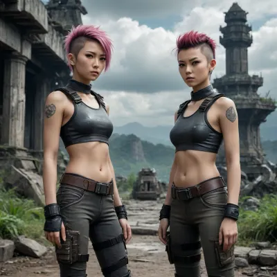 Two Skinny 18yo Japanese battle girls, (Realistic face. slim. Short mohawk haircut Strong emotions on the face. Full body.), posing against divinely beautiful full color image fantastic jungles, alien strange landscape and clouds, magic artifacts ruins. Futuristic. Era of space travels, and star imperial wars. cinematic atmosphere. Post apocalyptic