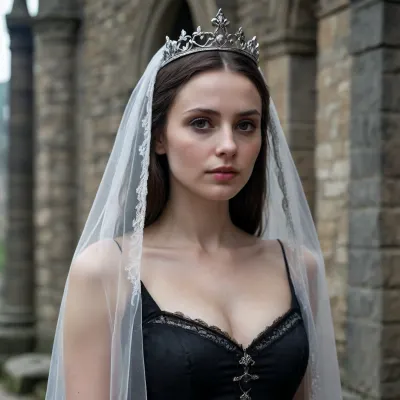 beautiful 30 year old medieval woman, gothic, narrow face, pointed chin, pointed and narrow nose, narrow lips, small eyes, very pale face, slightly sunken cheeks, veil on hair with small crown, simple gothic dress, very thin, small breasts, flat chest, hairy cunt, gloomy stone castle