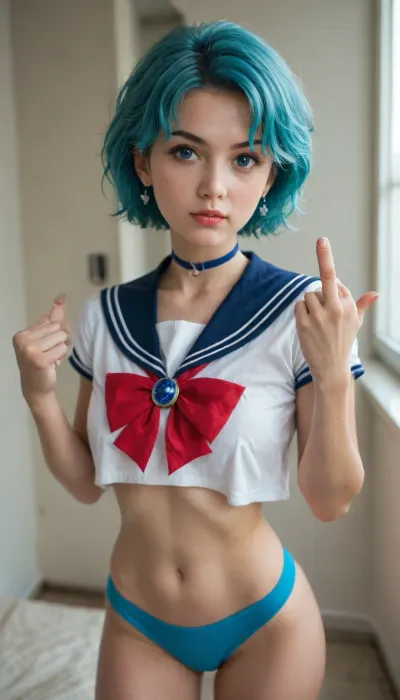 The image depicts Ami Mizuno, (also known as Sailor Mercury), from the anime series Sailor Moon. The character has the characteristic short, bluish-turquoise hair that has become her trademark in the series. She has large, blue eyes, she winks at the viewer with her left eye. Her facial expression is cheeky and slightly confused, (you can see the redness on her face), . She wears a modified Japanese school uniform, (sailor uniform), . The top is short, (crop top), leaving her stomach and navel exposed. A pair of tiny blue panties can be seen on the bottom. There is a large red bow at the neck of the dress. Blue stripes decorate the sleeves and collar of the shirt. She wears a thin, black necklace around her neck and simple earrings in her ears. The character stands facing the viewer. Her left arm is raised. She shows the middle finger of her left hand towards the camera. The illustration is in anime style, with bright colors and detailed workmanship.