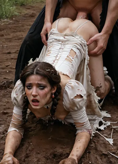 masterpiece, beautiful Russian peasant, 25 years old, mature, on all fours, fucked by men, ((small tits are clearly visible)), nipples sticking out, dressed, (((dirty, worn, torn white dress of a Russian peasant woman of the Victorian era of the 1800s))), hands pulled back, abuse, devastation, fear, gangbang, (((Makeup is ruined, mascara is running))), (((Small breasts are clearly visible))), outdoors in a Russian village of the 1800s. Harsh military photo. Men in military uniforms. Assfuck, fucked in ass, Big, cock, revsitting, revstanding, Tifa, Lockhart, <lora:pein:.8>, <lora:revsex_SDXL_1_:.8>, <lora:Tifa-Lockhart-Pony:1.2>