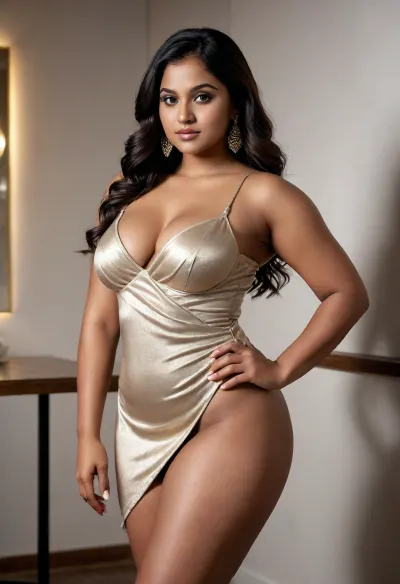 photorealistic portrait of a gorgeous 18-year-old dark-skinned Indian woman, extra plump and chubby build, extra wide hips, thick thighs, voluptuous curves, posed from behind in confident stance, legs parted shoulder-width, hips thrust sharply backward, deep arch in lower spine, torso leaning forward to accentuate silhouette curve, head turned back over shoulder with sultry gaze, one hand pulling tight outfit fabric upward along hip to reveal contour and outline, other hand braced firmly on upper thigh, dynamic pose emphasizing back waist hips and legs, wearing trendy youthful scandalous skin-baring outfit, micro corset top in glossy satin finish, structured underwire cups, thin spaghetti straps, plunging low-cut neckline, ultra-mini wrap skirt with asymmetric hemline, shimmering iridescent fabric catching light, high-waisted fit clinging to wide hips and thick thighs, strappy high-heeled sandals, delicate gold anklet, subtle layered gold necklaces, glam night-out vibe, at the night club bar, hyperrealistic, professional studio photography, ultra high resolution, 8k, intricate skin pores and texture, glossy satin sheen, fabric folds and wrinkles, rim light glow, sharp focus, depth of field, cinematic lighting, no distortions, flawless anatomy