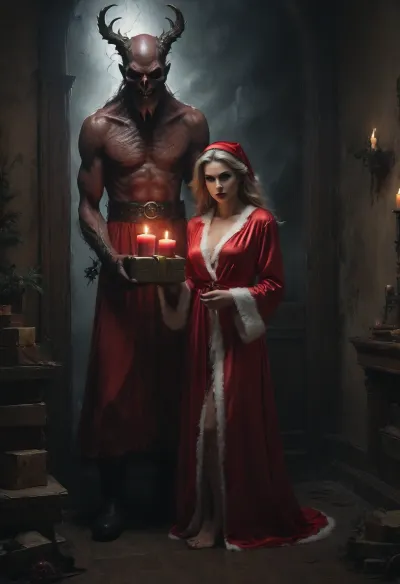 (a 22 years old sexy woman in a short satin nightgown:1.2), (stands with skinny figure frozen in terror in front of a demonic Santa Claus:1.2), (perfect demonic Santa Claus:1.7), her expression one of pure fear, in a crumbling, dystopian baroque palace, the air is thick with an unsettling gloom. In the midst of this desolation, (a demonic Santa Claus has gift packages for her:1.5), his green glowing eyes piercing the darkness, and his monstrous form casting a sinister presence, Scattered around the room, broken gifts lie abandoned, their wrapping torn and faded. An old Christmas tree stands in a corner, its needles largely fallen, leaving behind skeletal branches adorned with cracked ornaments. The dim glow of candles flickers, casting long, eerie shadows across the decaying walls. The entire scene is bathed in a gloomy, oppressive atmosphere, where every festive element is warped and broken, creating a chilling, nightmarish holiday scene, (ziprealism:1.3), sunshine, ultra-sharp details, realistic skin texture, refined contrast, 8k detail, authentic facial expression, clean composition, (maximum photo quality:1.4), (maximum resolution:1.5), longnips, Black, and, white, art, black, shading, charcoal, toned, brutal, dark, b/w, color, scheme, <lora:Cloudy_Style:.8>, <lora:Black and white art.V1:.8>, <lora:Italian_girl:.8>