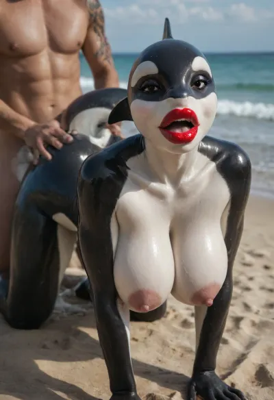 (), ((cetacean female, orca, makeup, big lips, red lips, skinny body, detailed killer whale skin)), 5 fingers, anthro, anthrofied, beach, big breasts, Big ass, (glossy glistening body, shiny skin:1.2), big thighs, ((orgasm face)), (((furry art, furry woman))), claws, female, finger claws, fingers, ((Doggystyle sex, male love, faceless male, front view, cum overflow, male holding tail)), looking at viewer, <lora:add-detail-xl:1.5>