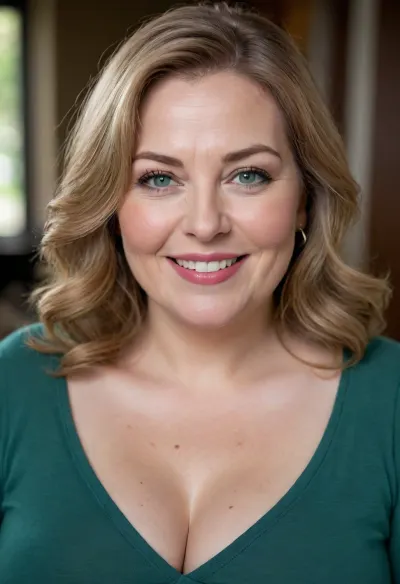 Gilf, Bbw mature woman, 60s, bbw, fat, chubby, obese build, natural curves, shoulder-length light brown hair, fair warm skin, upper body portrait, deep green v-neck top with cleavage, natural bust, soft mature drop, realistic bosom shape, soft belly contour, chubby cheeks, round face, big lips, full lips, big smile, pretty teeth, faint lines, wrinkles on face, blue-green eyes, flirtatious gaze, textured skin, photorealistic, 8k, raw photo, detailed skin texture, cinematic lighting, 85mm lens, shallow depth of field