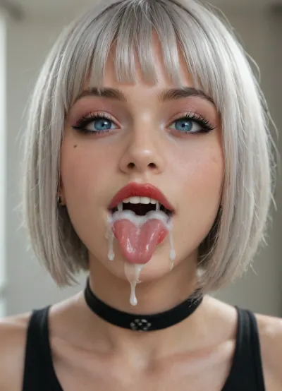 Emo girl, girl 25 years old, silver hair, (bob cut with bangs:1.5), smile, Blue eyes, goth girl, goth makeup, red lipstick, cat eye makeup, long eyelashes, voluminous eyelashes, slightly long tongue, steam mouth, saliva, uvula, close up mouth, focus on mouth, cum on tongue, cum in mouth, cum overflow the mouth, excessive cum filled mouth, excessive cum bubbles in mouth