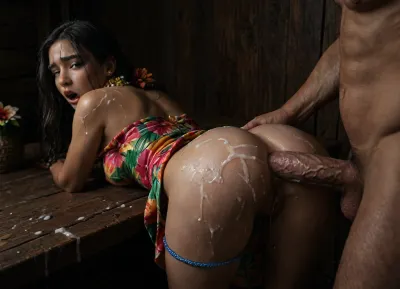 close up, man is fucking A very beautiful young petite 19-year-old Hawaiian girl, (Hawaiian girl:1.9), She has very long black hair, big dark-brown eyes, She's skinny, She is wearing a traditional Hawaiian‑Tahiti women's attire, and her shoulders and ass are exposed, (leaning over wooden table:1.6), she's on lying on the table in standing position with her upper body leaning over the table, cock fully in her ass, (adult:2.5), (skinny-fit:1.3), (big natural tits:1.9), very strong erotic aggression, (very long black hair:1.4), flowers in hair, traditional Hawaiian‑Tahiti women's attire, (halawai dress:1.4), (hand‑woven kapa cloth:1.3), (soft natural brown base:1.2), (intricate geometric motifs in deep indigo and teal:1.1), (loose A‑line silhouette to mid‑calf:1), (lightly pleated front panel:.9), (lei‑style sash belt:1.2), (woven pandanus fibers:1.1), (accented with small shells and tiny hibiscus flowers:1), (tied low at hips, creates gentle cinch:.9), (ta‘a‑style woven top:1), (short, off‑the‑shoulder, showing tits, open‑front), (lightly embroidered with white coconut‑leaf patterns:.9), (pa‘a‑style grass skirt overlay:.9), (thin strips of dried ti leaf, layered for texture), (soft rust‑gold hue, sways with movement), (footwear:.8), (barefoot), (anklet of tiny shells), (accessories:.9), (large flower lei around neck, composed of fresh plumeria, ti leaf, and orchids:1.5), (hand‑crafted feathered hair comb placed in a side‑swept braid), (small puka shell ear pendants), (tattoo‑like body paint motifs in black on forearms and ankles), (makeup:.7), (natural sun‑kissed skin, subtle coral lip tint, light shimmer on eyelids), (high detail, ultra realistic:1.5), (flower background), beautiful, detailed makeup, long eyelashes, visible vagina, (painful_anal:2.2), (painful moaning in utter agony:1.9), (very shy:1.5), thick layers off cum are dripping off her body, (cum_covered:1.99), (cum_covered_pussy:1.5), <lora:sdxl_lightning_2step_lora:1.1>, <lora:dark:.8>