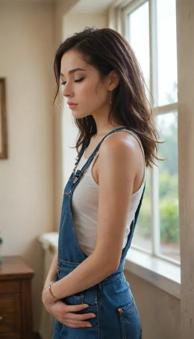 side view, 1girl, solo, overalls, closed_eyes, black_hair, window, long_hair, bracelet, jewelry, indoors, realistic, <lora:aki:1.8>, <lora:skirtLift:1.4>, <lora:add-detail-xl:2>, <lora:PerfectEyesXL:2>