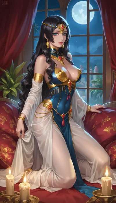 A full-length photograph of Arabia at night, a cozy room in a palace, furnished with oriental luxury, filled with soft candlelight, where a beautiful young oriental woman, Scheherazade, dressed in a very revealing oriental costume, lies on a sofa among pillows. Her long, flowing hair sparkles in the moonlight, and her eyes are full of wisdom and mystery. Her lush, beautiful breasts are almost completely exposed. Candlelight shadows dance around her, and a full moon is visible outside the Arabian-style window. This is a stunning work of art that conveys an atmosphere of mystery, romance, and the power of the feminine spirit., <lora:Dever_Flux_Enhancer:.8>, detailed, style, <lora:detailed style v1.5:.8>, <lora:hentai_anime_style_xl_v1:.8>