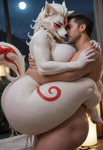 ((Amaterasu from okami, furry body:1.2)), 5 fingers, anthrofied, big breasts, Big ass, Big thighs, ((())), breasts, hotel, night, claws, female, finger claws, fingers, ((carry sex, human male, male love, faceless male, side view, cum overflow, leg lock, ass expansion, hyper butt)), looking at viewer, <lora:add-detail-xl:1.6>